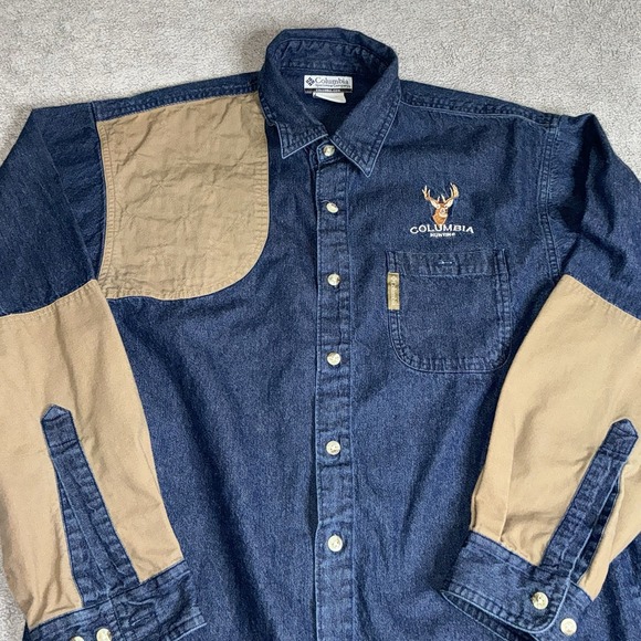 Vintage Columbia Denim Patch Shooting Hunting Button Up Mens M Embroidered‎ Buck - Picture 2 of 9